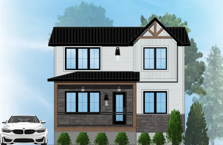Façade blanche, détails en bois