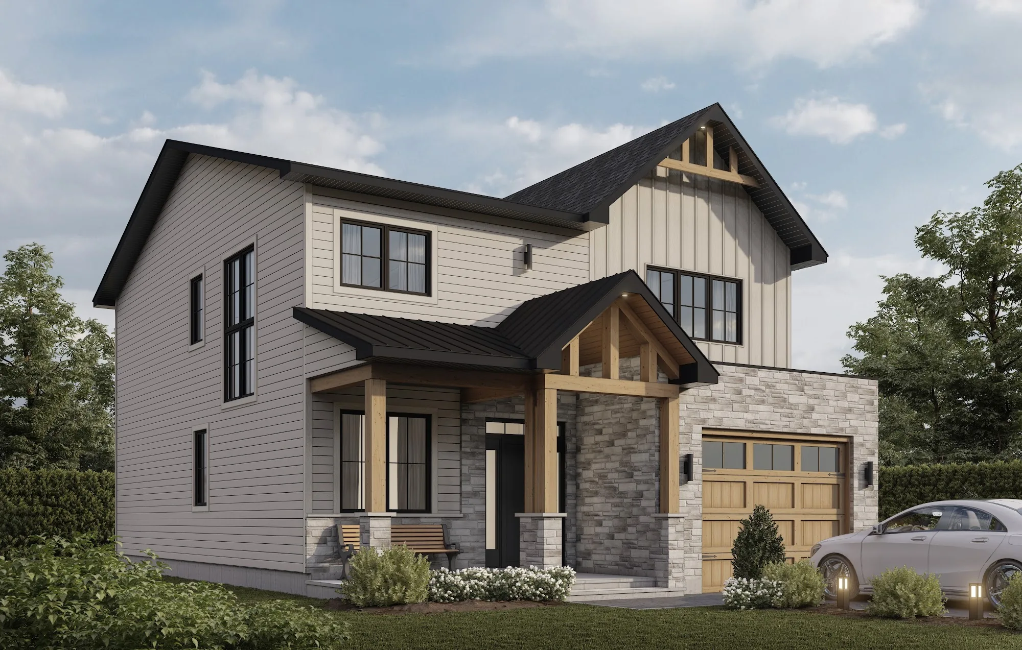 Rendu 3D d'une maison à revêtement clair, pierre et garage en bois